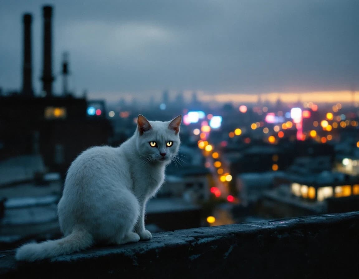 White Cat on Factory Roof at Night — Cinematic AI Prompt
