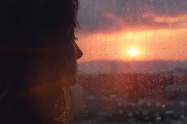 ガラス越し夕焼けシルエット|AI生成写真プロンプト作例