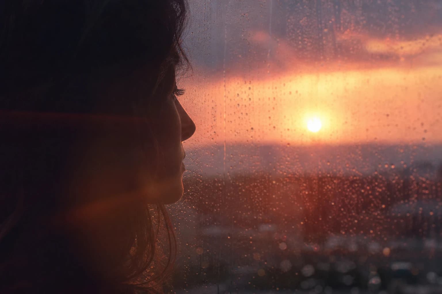 Silueta al atardecer tras cristal lluvioso — prompt de IA