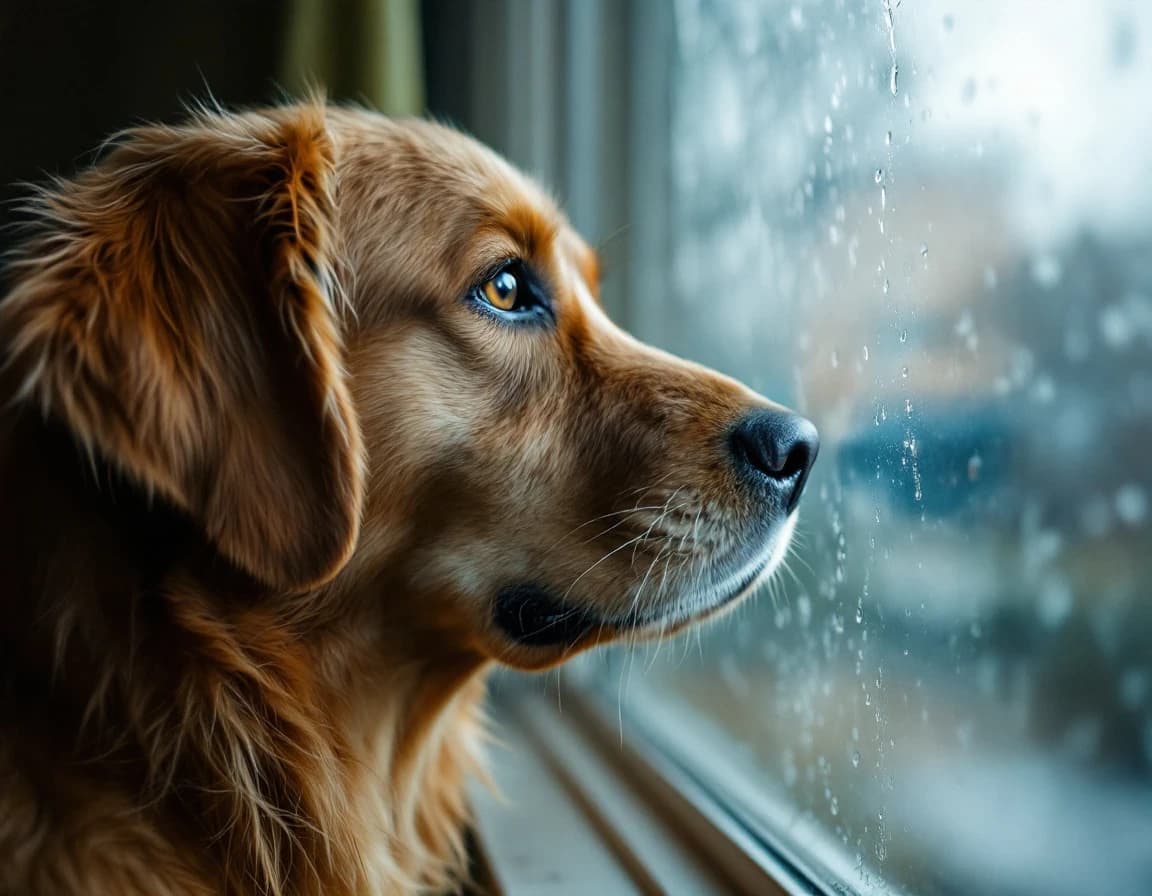雷雨を見つめる犬のAI生成写真プロンプト作例