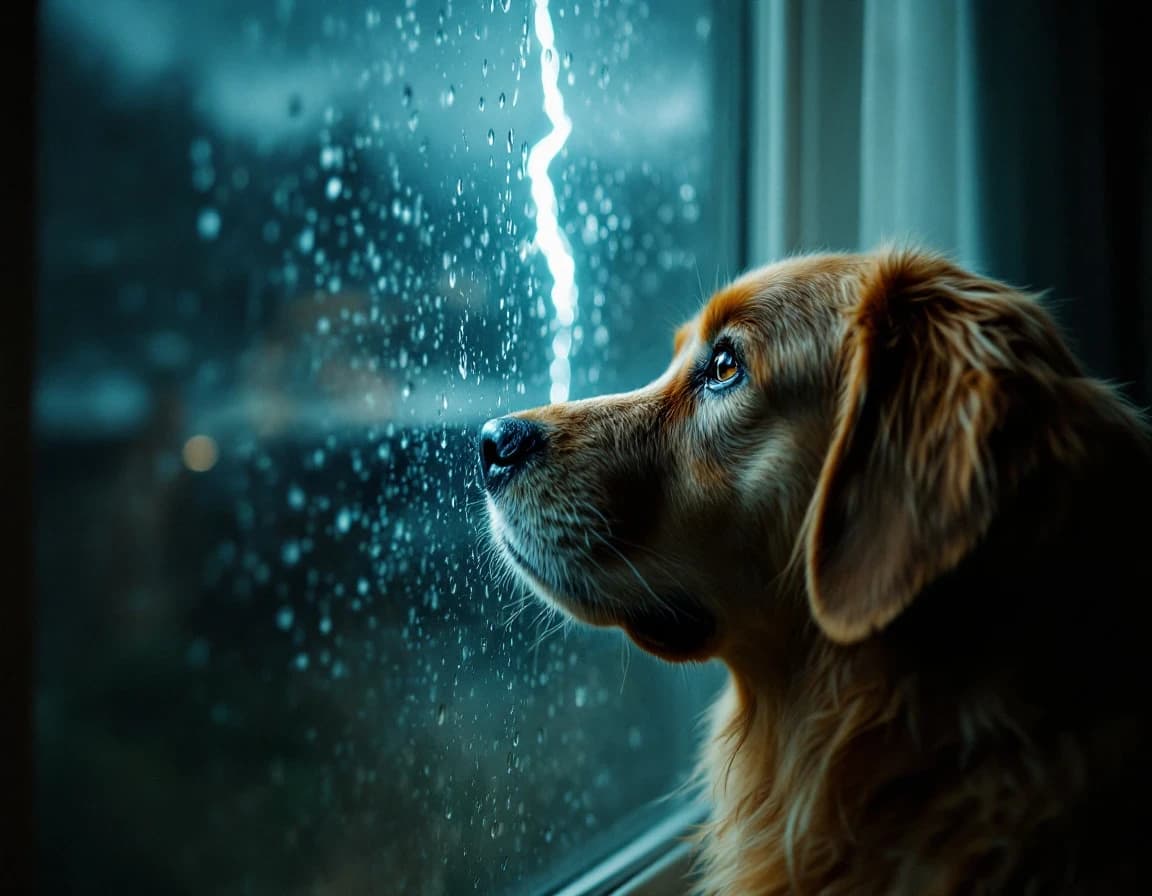 雷雨の窓辺を見つめる犬|35mmフィルム風AI画像プロンプト作例