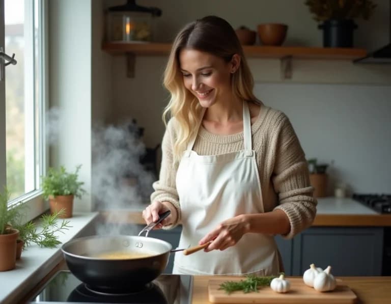 キッチン料理女性・湯気と微笑みのAI生成作例プロンプト