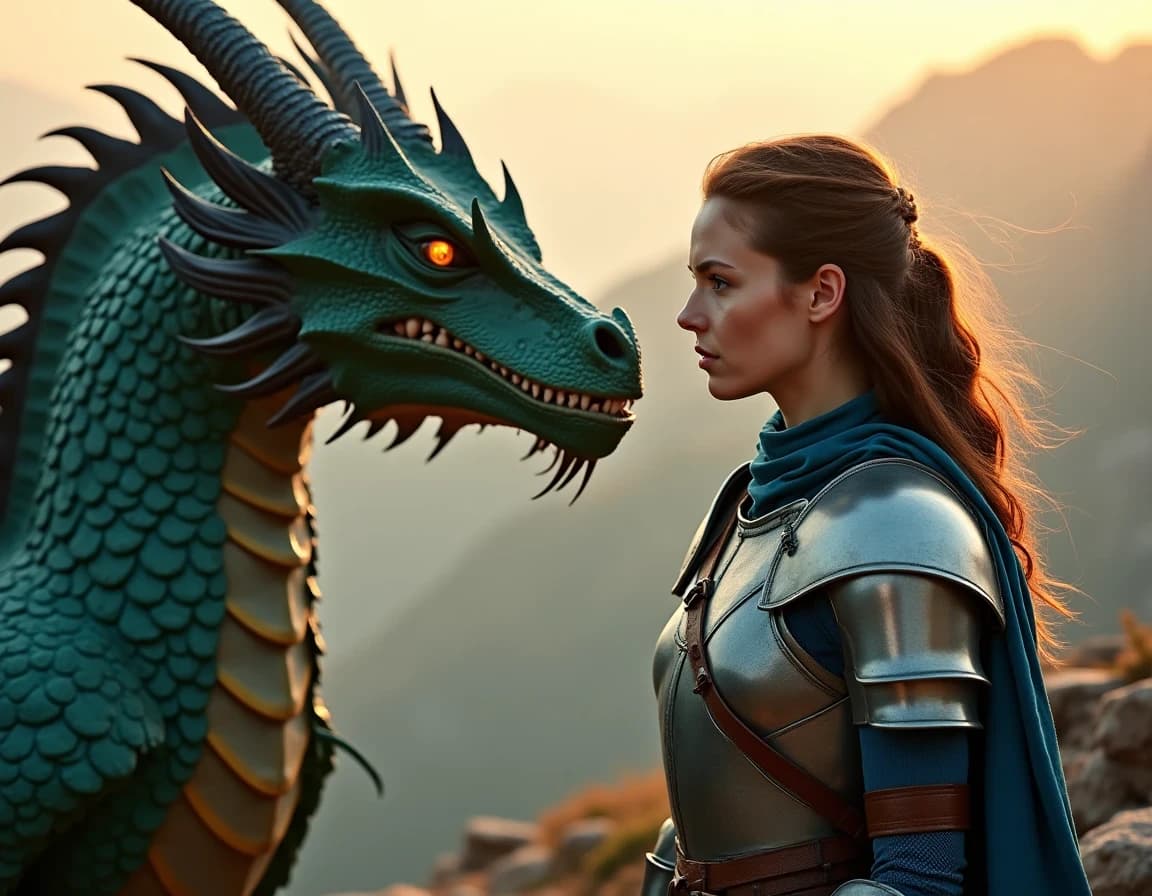 AI-Generated Female Knight & Dragon at Twilight — Prompt Example