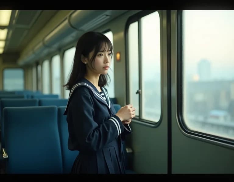 朝の通学電車・女子高生プロンプト作例|AI生成リアル写真風