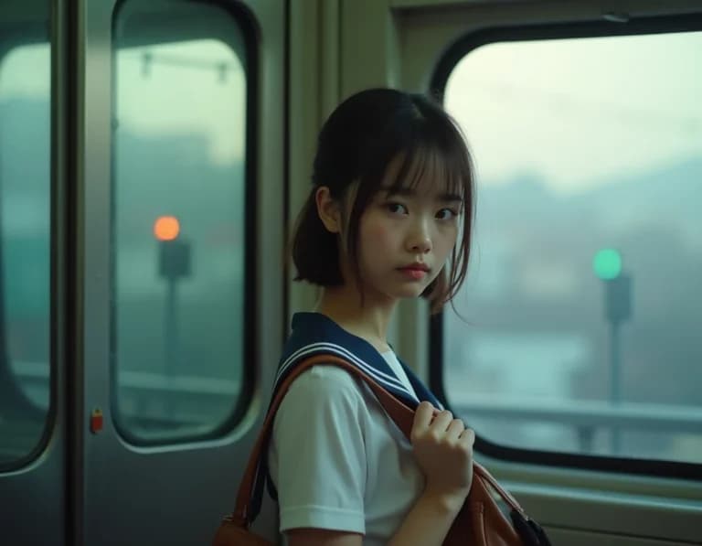 朝霧の通学電車・セーラー服AI生成作例プロンプト