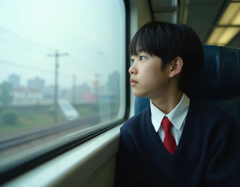 朝霧の通学電車・男子高校生プロンプト作例【AI生成】