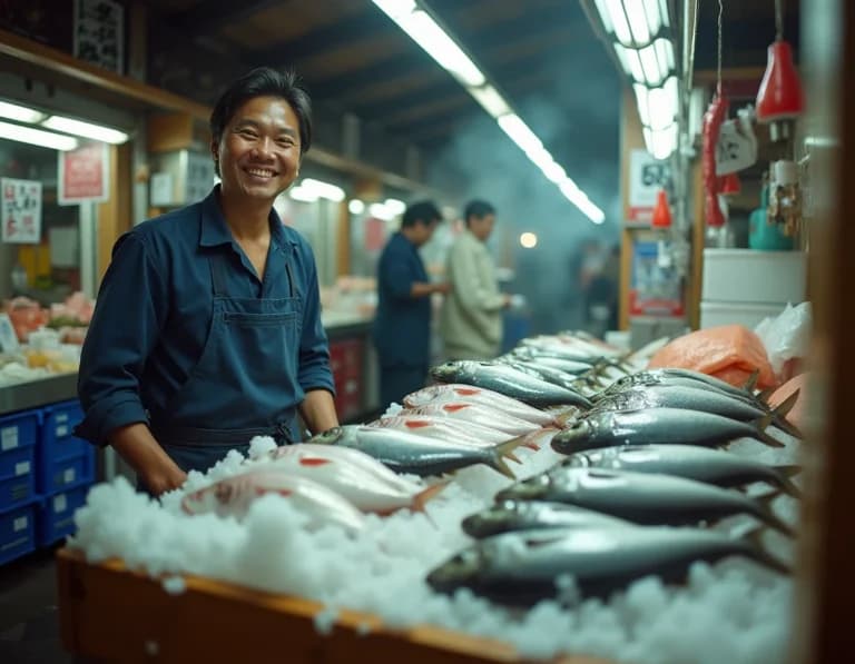朝市の魚屋ポートレート|AI生成プロンプト作例