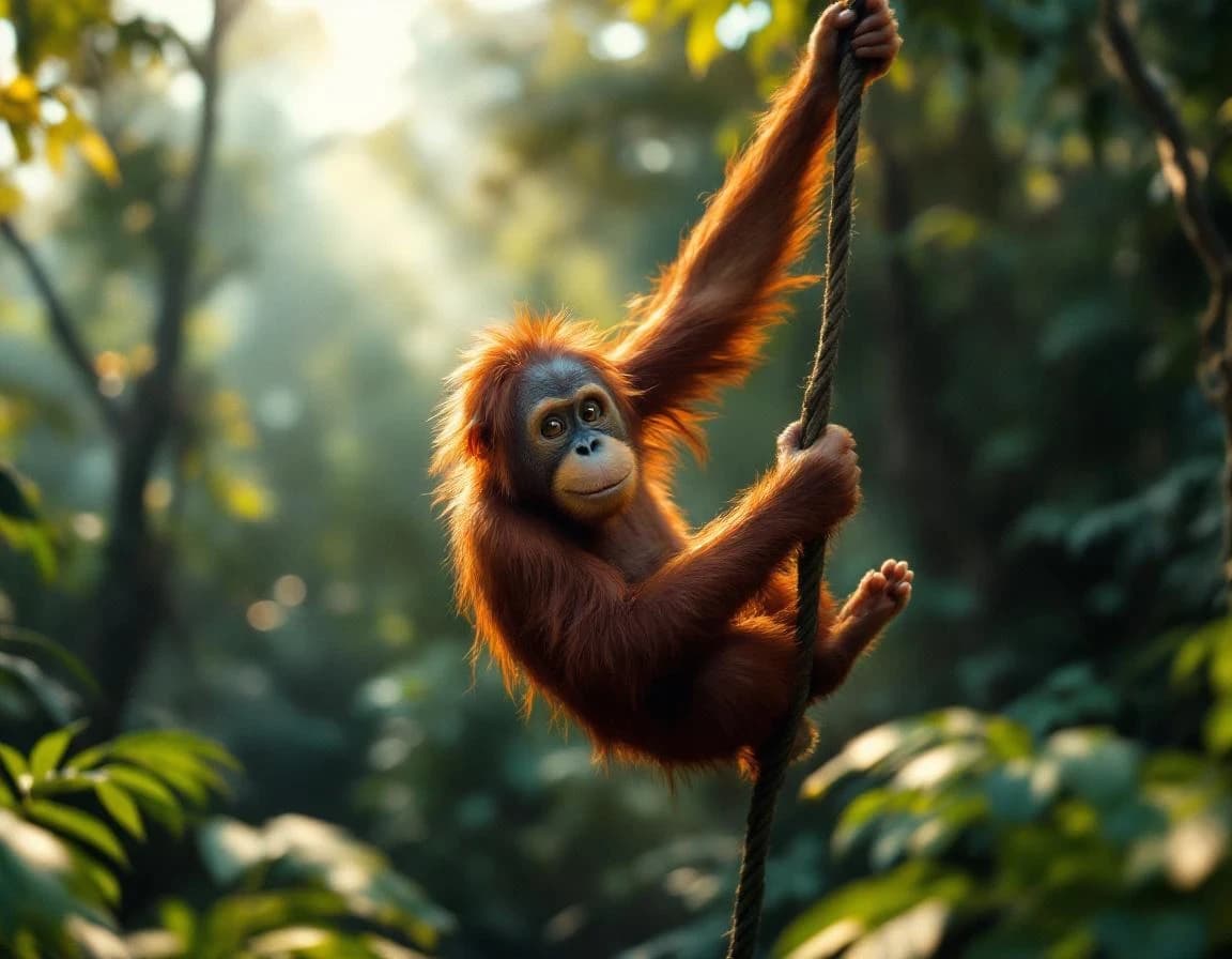 Prompt IA: orangután en dosel de selva tropical con luz filtrada