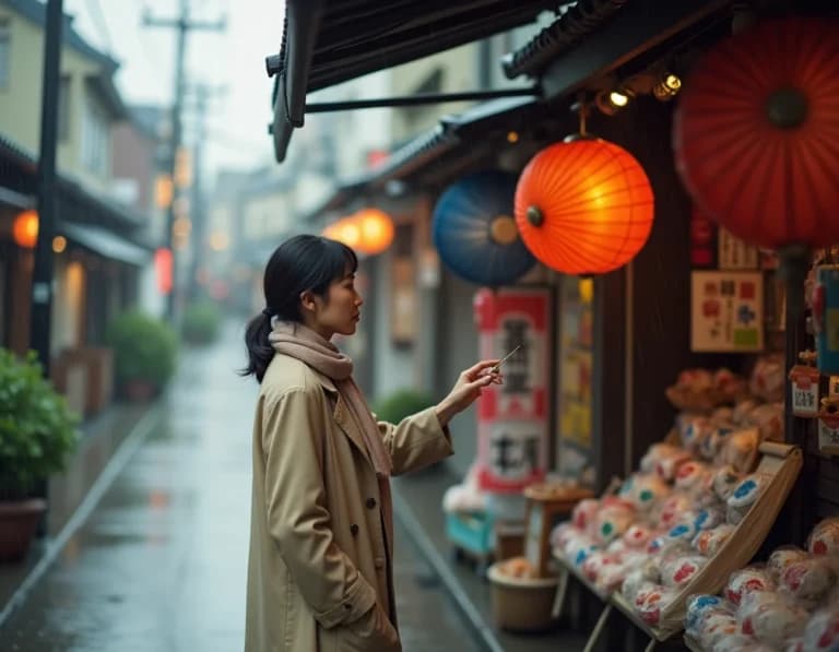 和傘を選ぶ女性|雨の京都風AI生成プロンプト作例