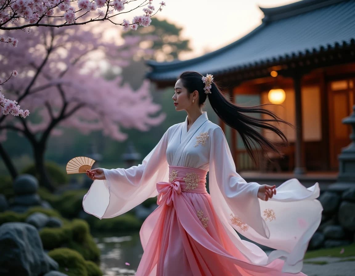 Danza Celestial en Jardín Japonés – Prompt de IA
