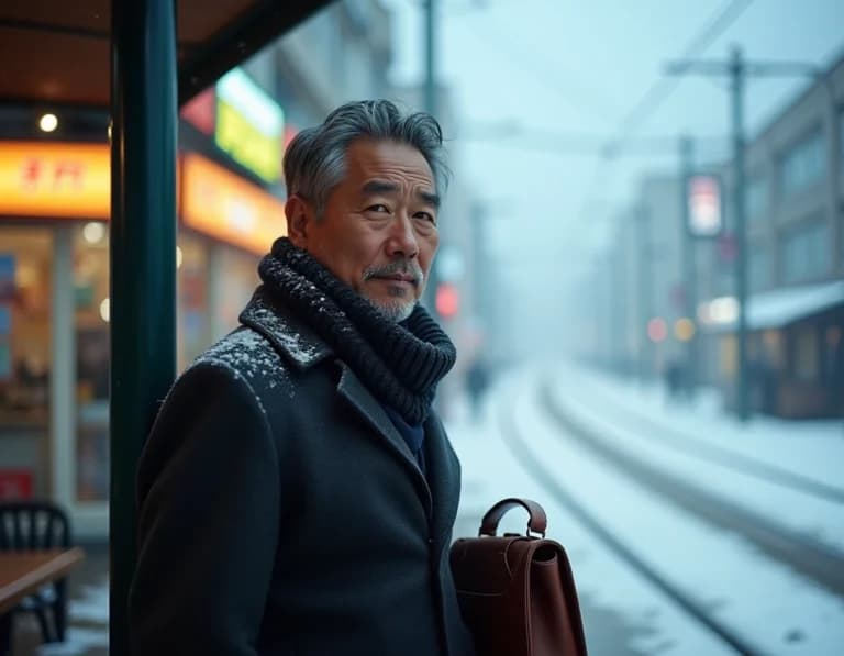 雪の路面電車停留所・冬朝の通勤風景AIプロンプト作例