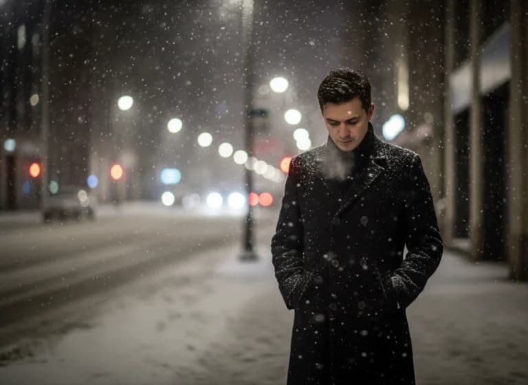 黒コートに雪が舞う:吐息が夜を彩る