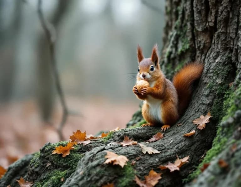 秋の古木でクルミを抱えるリス|FLUX野生動物写真プロンプト作例