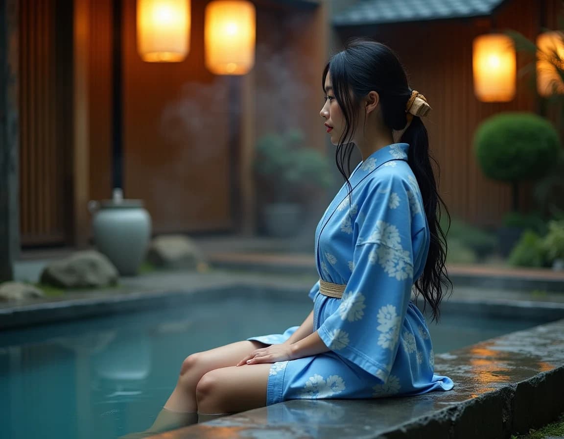 露天風呂×提灯の灯り|浴衣女性AI生成プロンプト作例