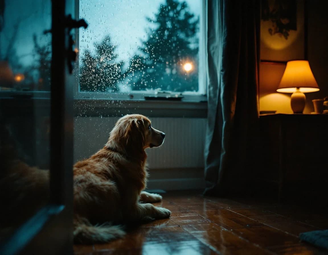 雷雨×ゴールデンレトリーバーAI生成作例|35mmフィルム風プロンプト