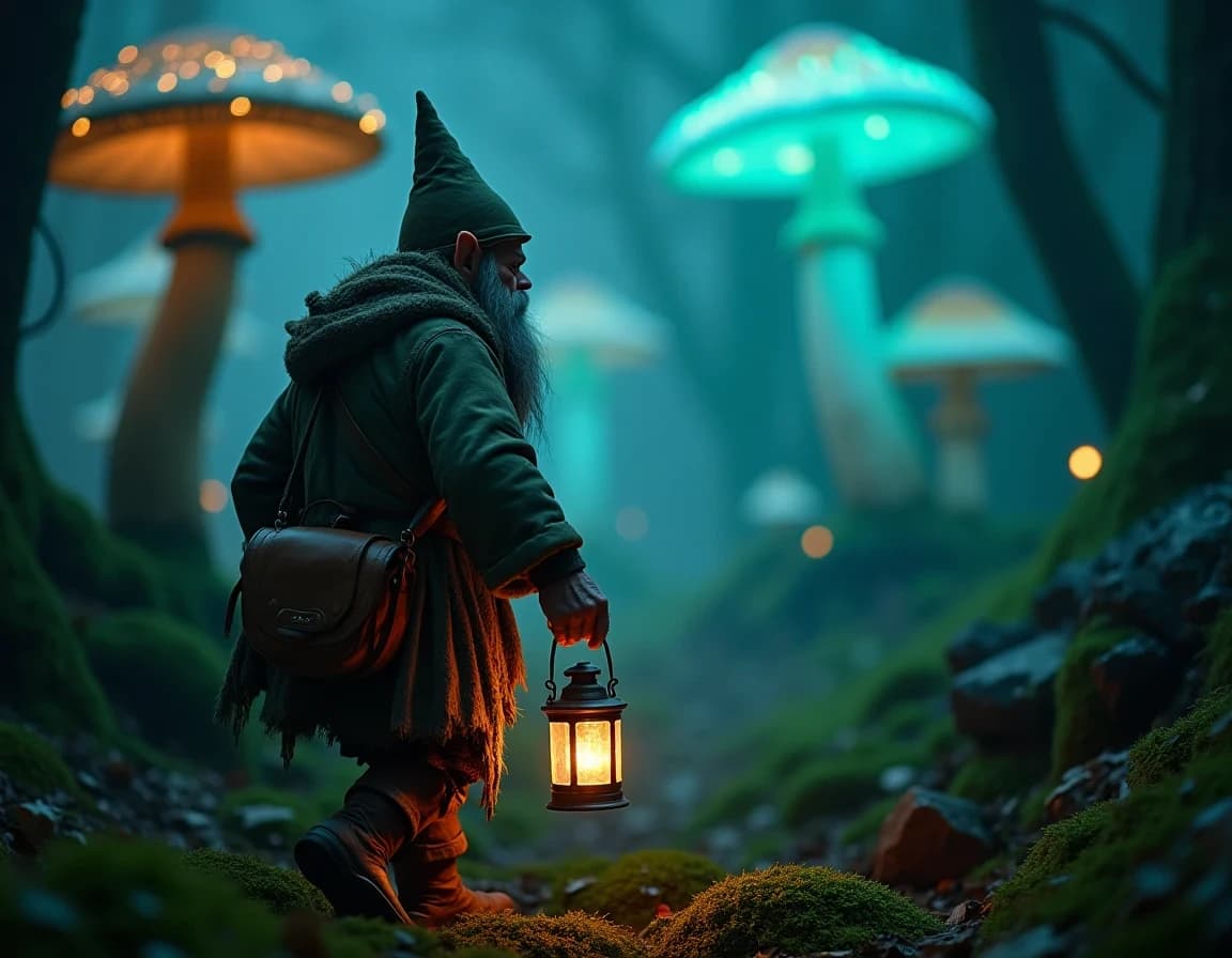 Gnomo en Bosque de Hongos Bioluminiscentes — Prompt IA