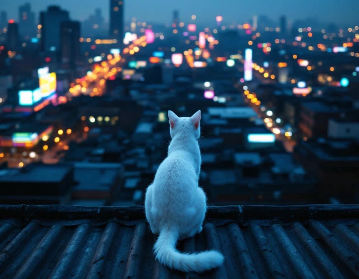 Gato blanco en tejado neón — prompt de foto IA nocturna