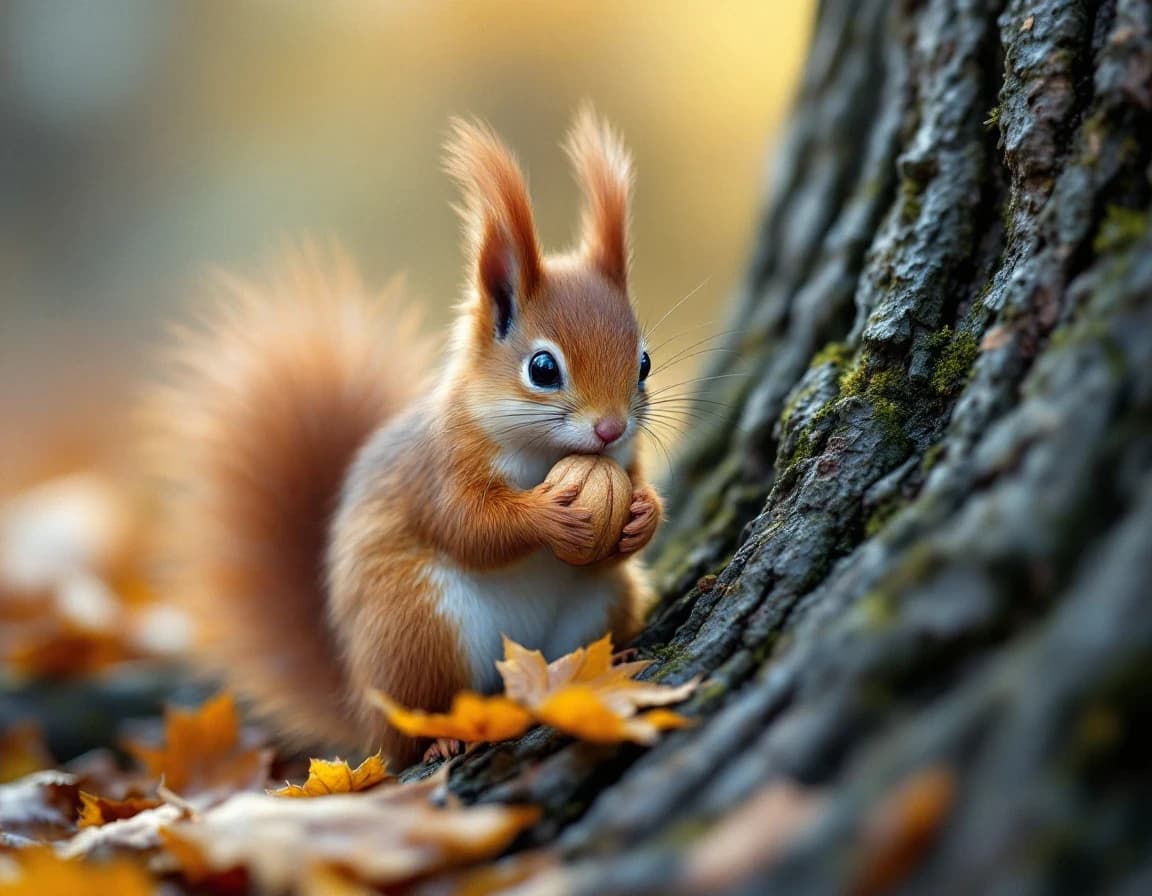 Prompt IA: ardilla otoñal con nuez, estilo foto real