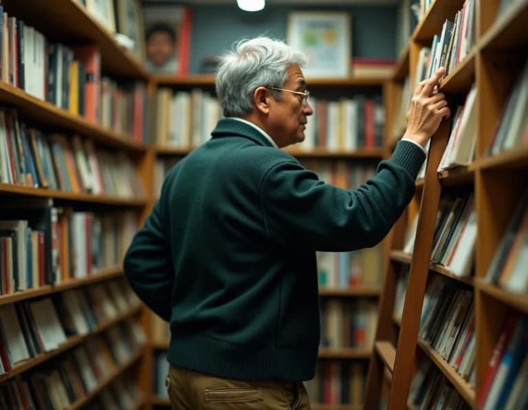 古書店主×梯子のAI生成作例|背面構図プロンプト