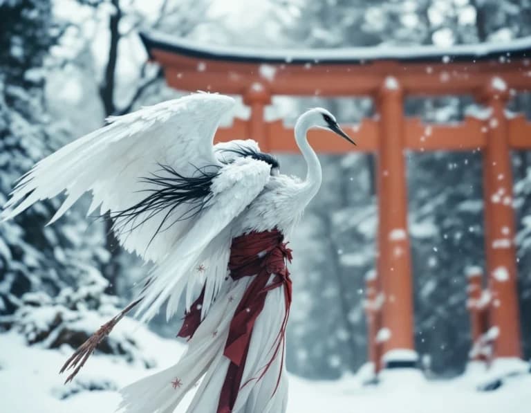 雪原×朱鳥居×鶴の精霊|AI生成写真プロンプト作例
