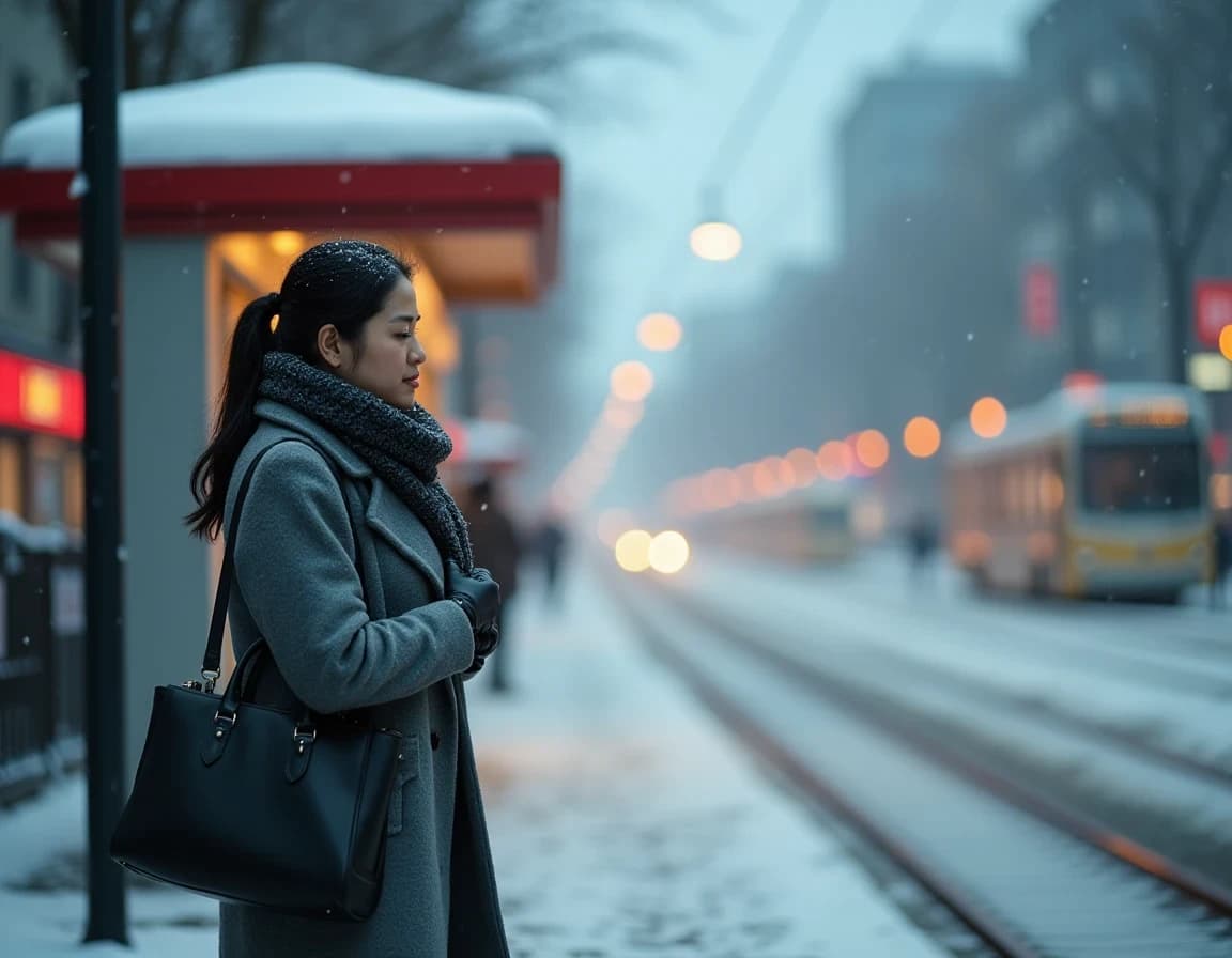 Snowy Tram Stop Winter Scene – AI-Generated Street Photo Prompt