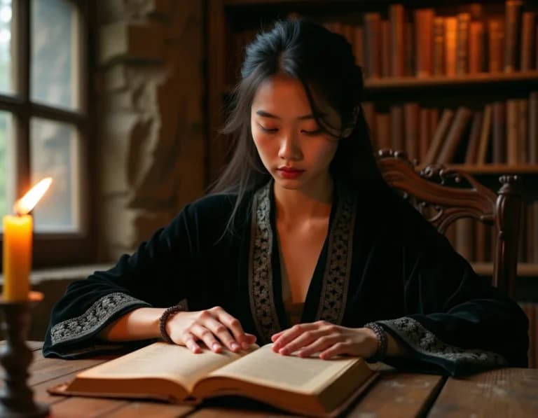 蝋燭の灯りで魔法書を読む魔女|AI生成作例プロンプト