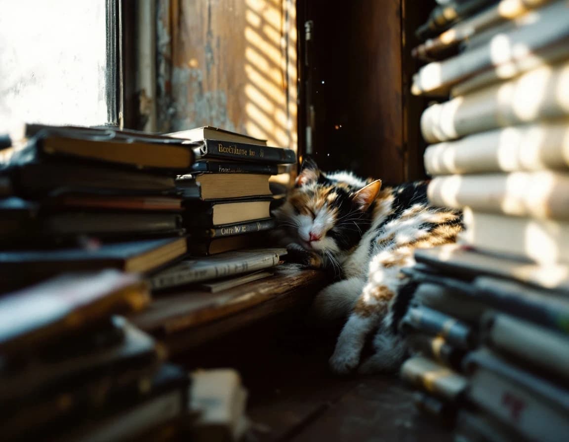 本棚の影、猫が眠る