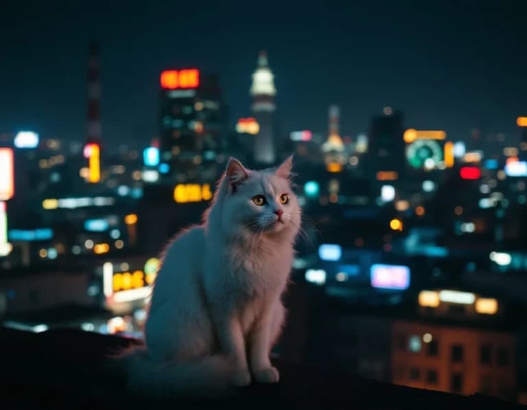 ネオン夕暮れ、猫の見下ろす街