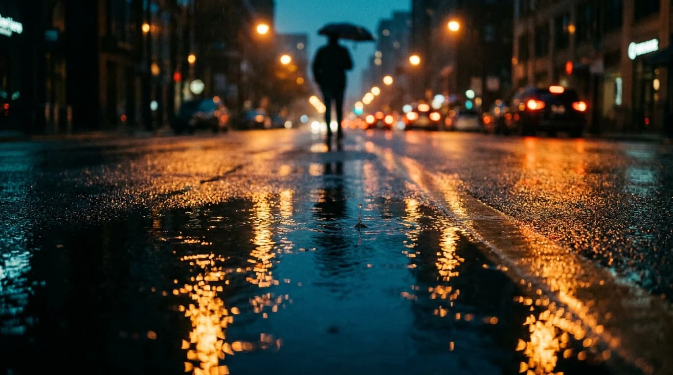 夜の雨、反射に光が生まれ変わる