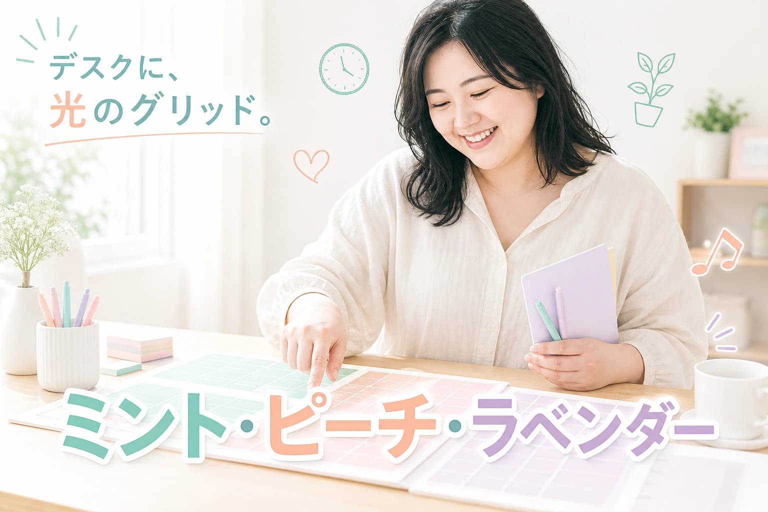 デスクに、光のグリッド。パステルで変わる