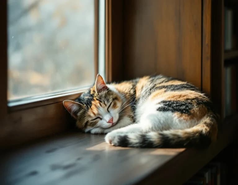窓辺の三毛猫、本の影に眠る