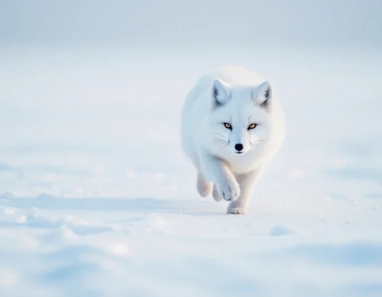 雪原を駆ける北極狐のAI画像プロンプト作例【真冬の朝】