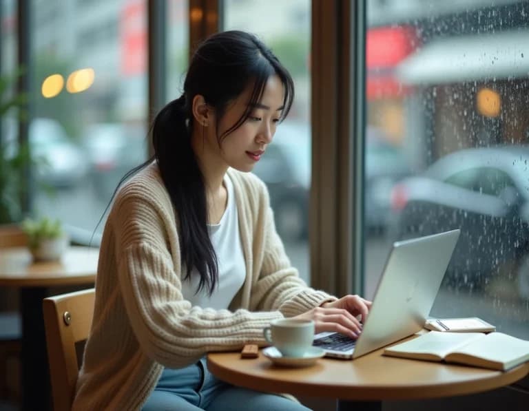 カフェの窓際でノートPCを開くノマドワーカーのAI画像プロンプト作例