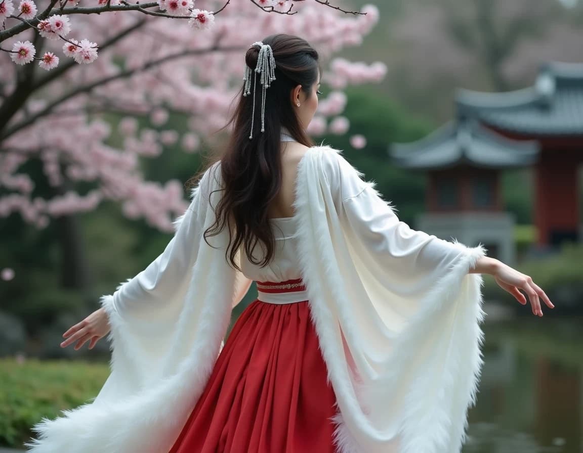 桜舞う日本庭園で舞う天女のAI画像プロンプト|羽衣の雅な所作