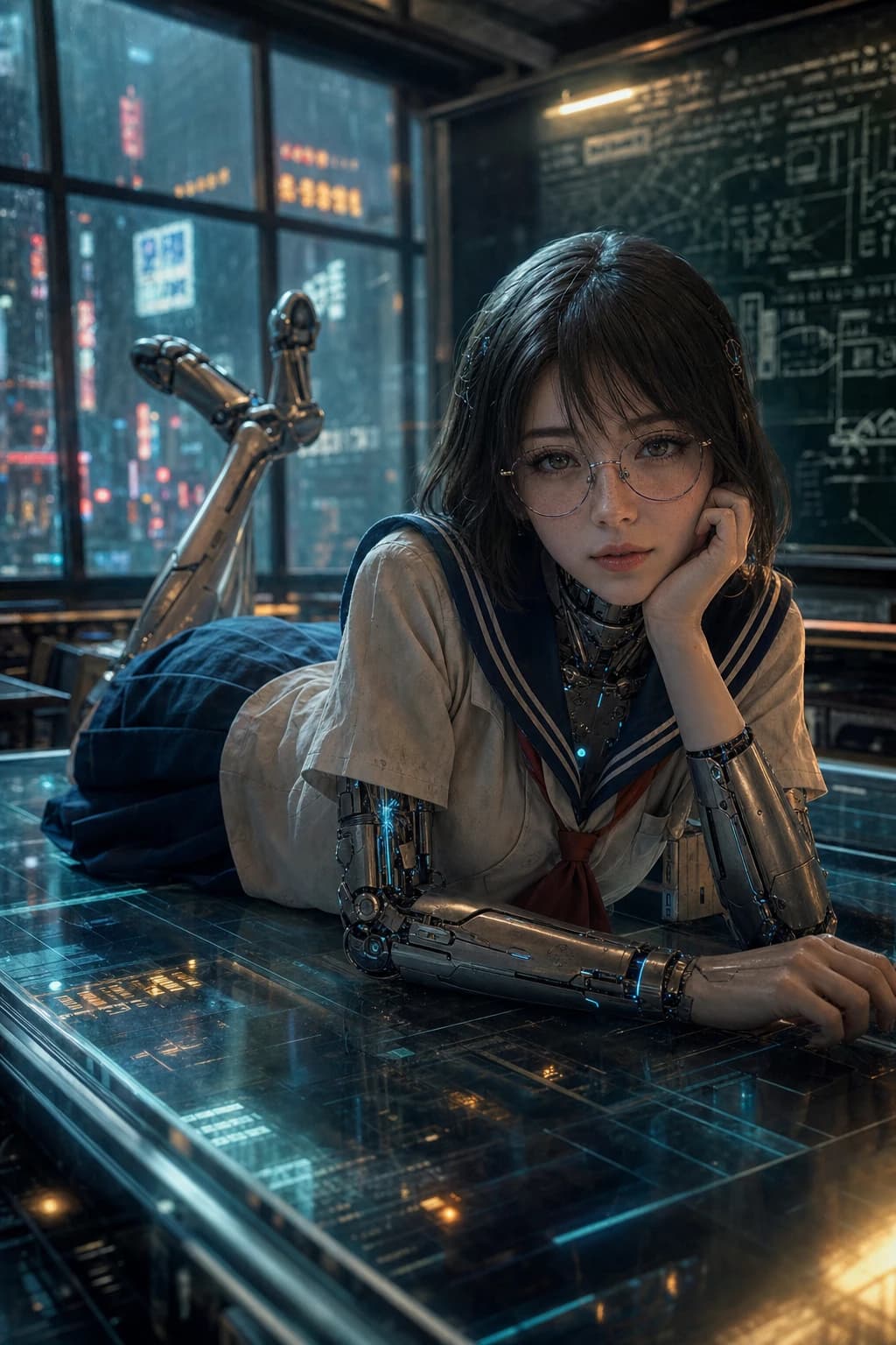 サイボーグ女教師のAI画像プロンプト作例|ガラス反射