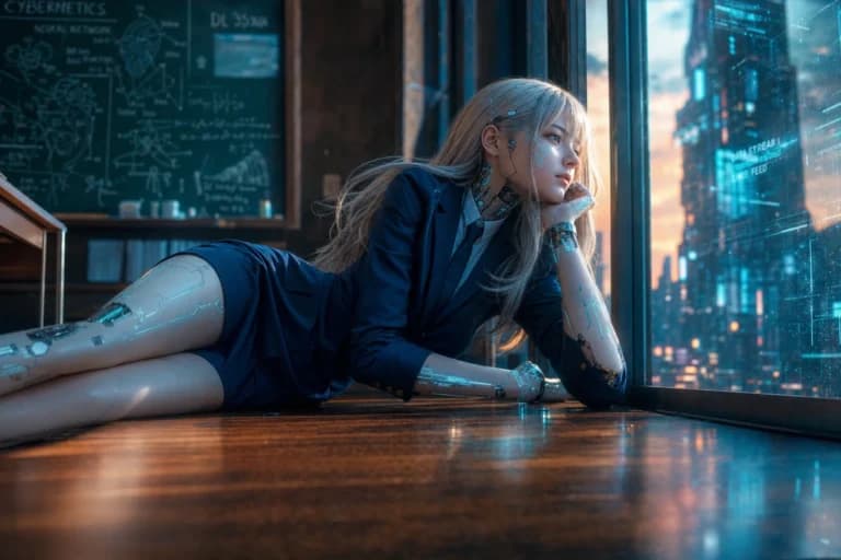 サイボーグ女教師が窓辺で横たわるAI画像プロンプト