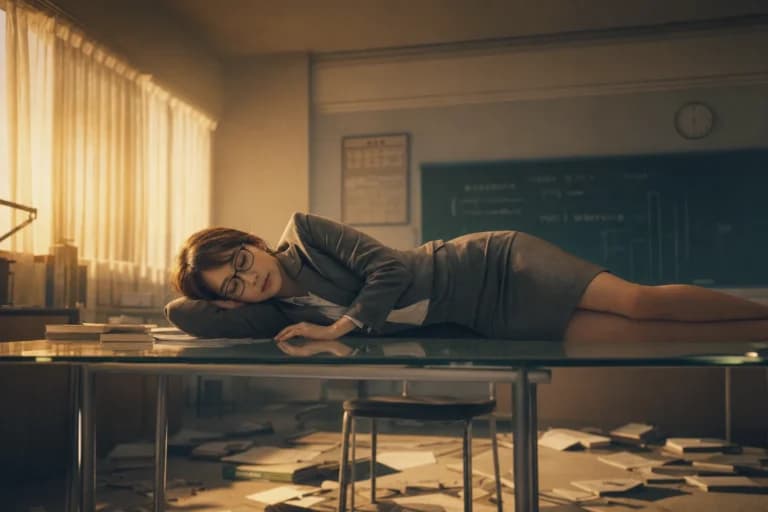 女教師がガラス越しに横たわるAI画像プロンプト作例