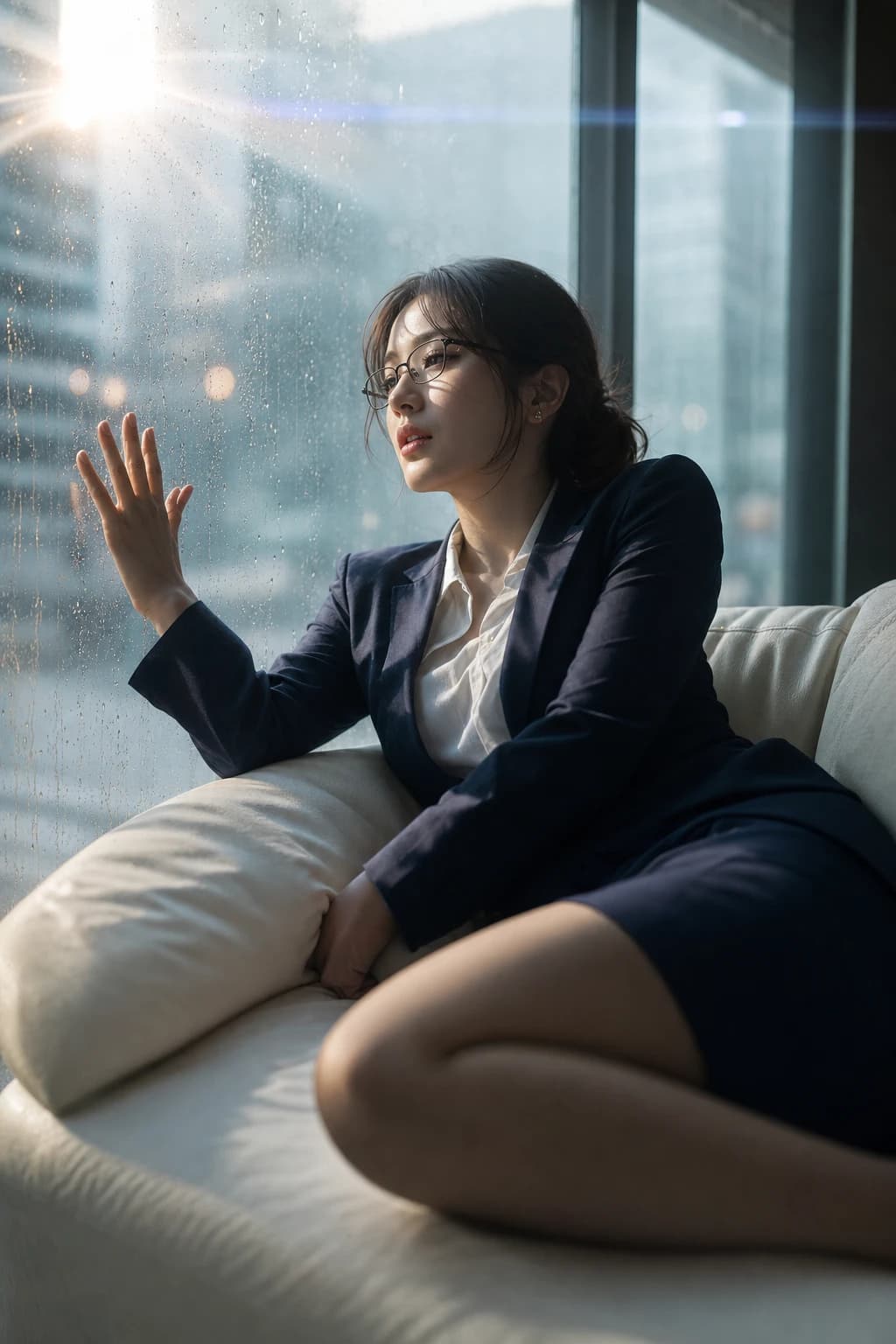 スーツの女教師がガラス越しに横たわるAI画像プロンプト集