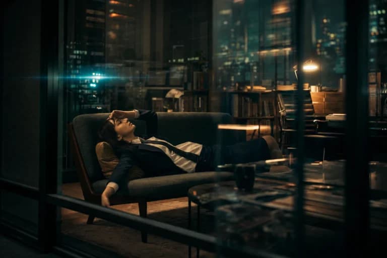 スーツの女教師がガラス越しに横たわるAI画像プロンプト作例