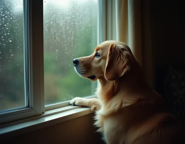 雨の窓辺で外を見るゴールデンレトリーバーのAI画像プロンプト作例