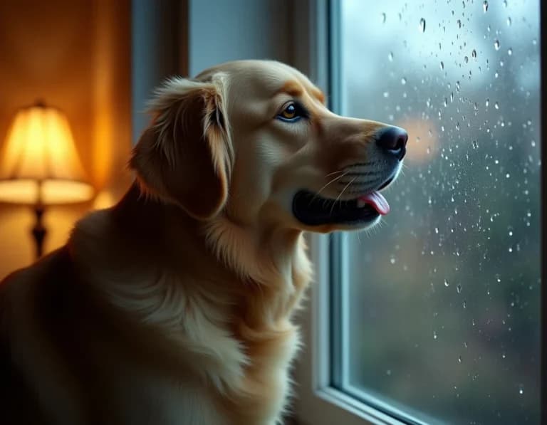 雨の窓辺で佇むゴールデンレトリーバーのAI画像プロンプト作例