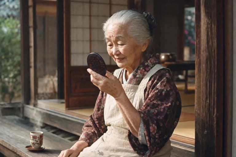 縁側で前掛けのおばあちゃんのAI画像プロンプト作例