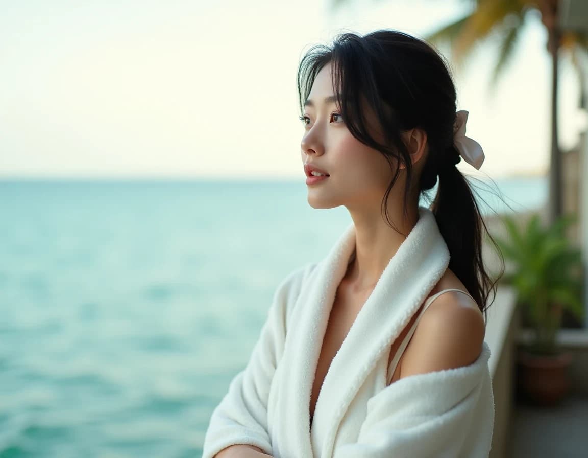 ホテルバルコニーのローブ姿女性AIプロンプト|朝日と海