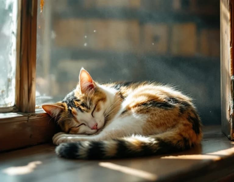 図書館の窓辺で眠る三毛猫のAI画像プロンプト作例