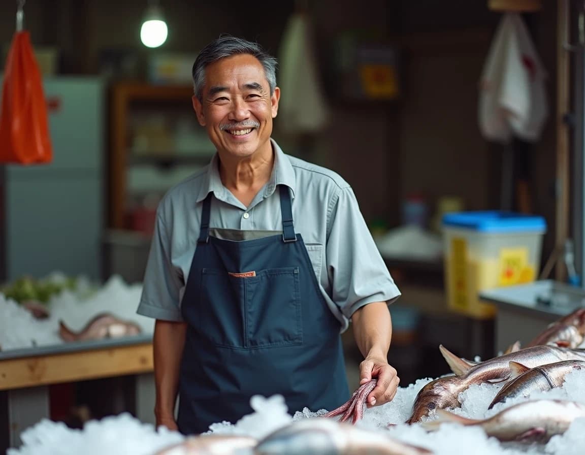 朝市の魚屋で笑う若店主のAI画像プロンプト作例