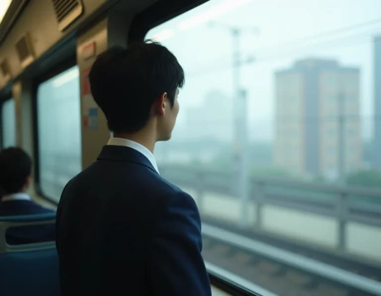 朝の電車内で通学する男子高校生のAI画像プロンプト作例