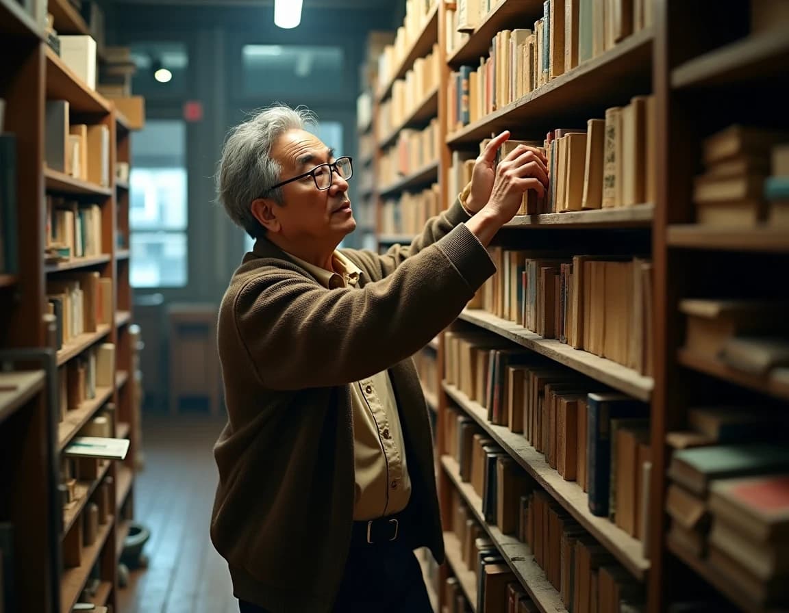 古書店店主がハシゴで本を取るAI画像プロンプト作例【埃の光線】