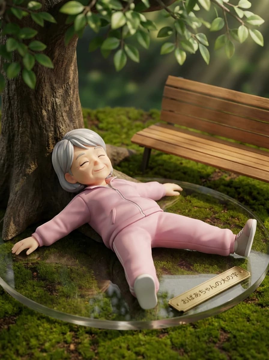 木陰で眠る体操着のおばあちゃんのAI画像プロンプト作例