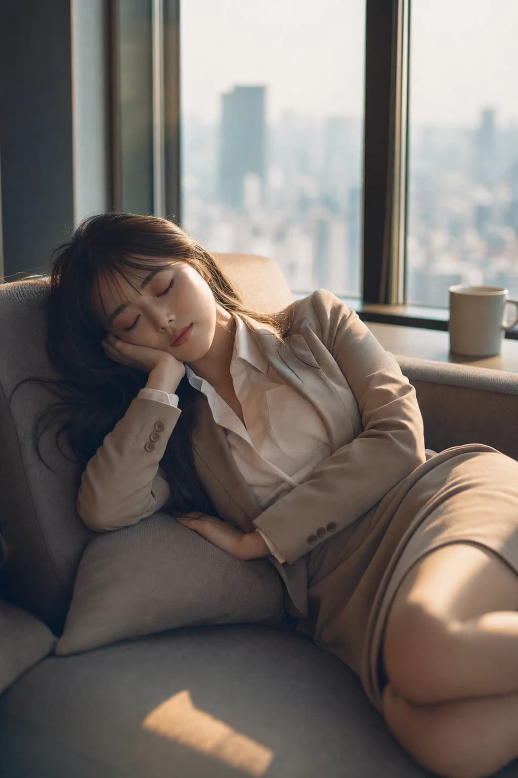 受付嬢が窓辺で眠るスーツ姿のAI画像プロンプト作例【コピペ可】