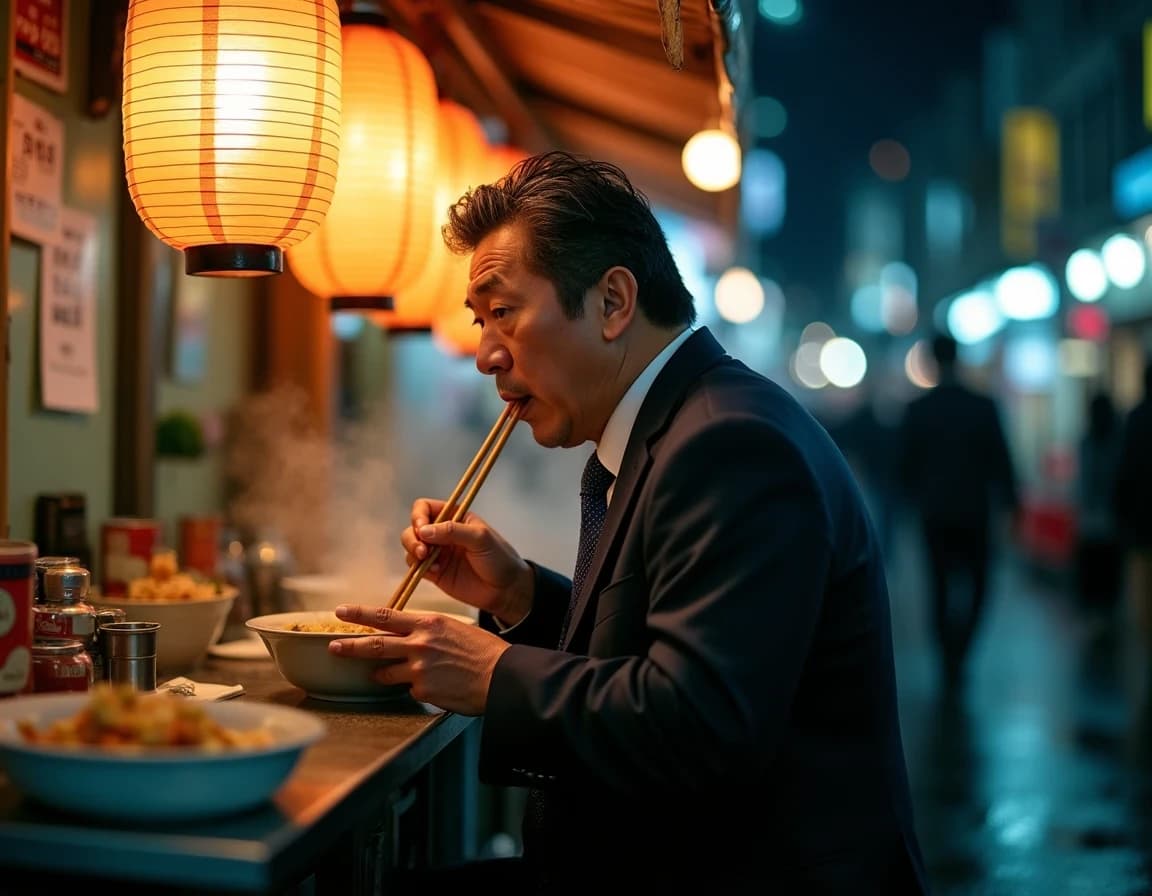 夜の屋台でラーメンを啜るサラリーマンのAI画像プロンプト作例